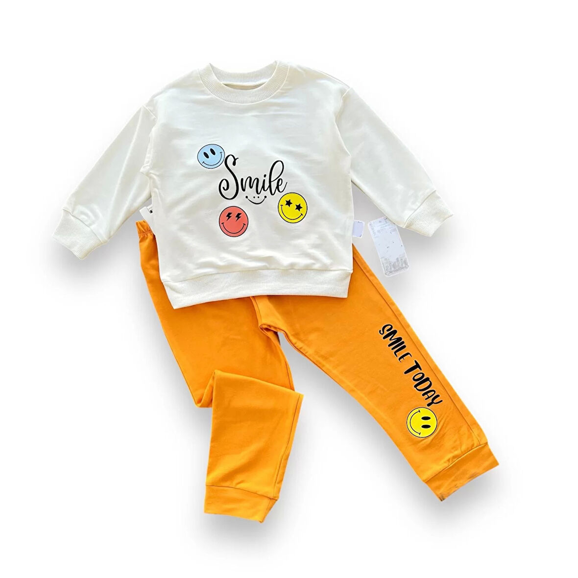 6-9-12-18 Ay Emoje Baskılı Pamuk Penye Kumaş Erkek Bebek Takımı Turuncu