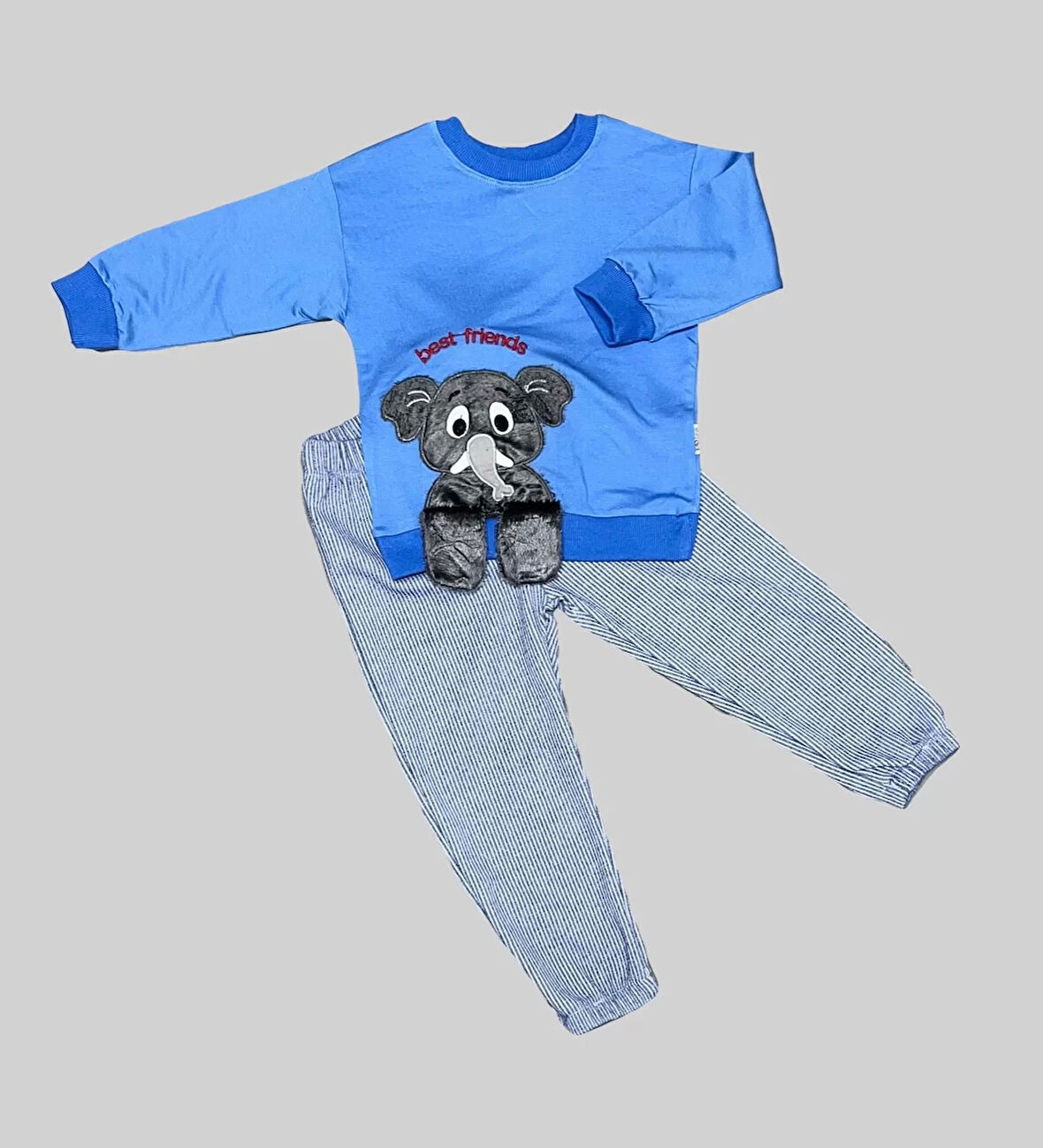 1-2-3 Yaş Filli Sallanan Ayak Desenli Likra Penye Kumaş Sweat Pantolonlu Kız Erkek 2li Çocuk Takımı İndigo