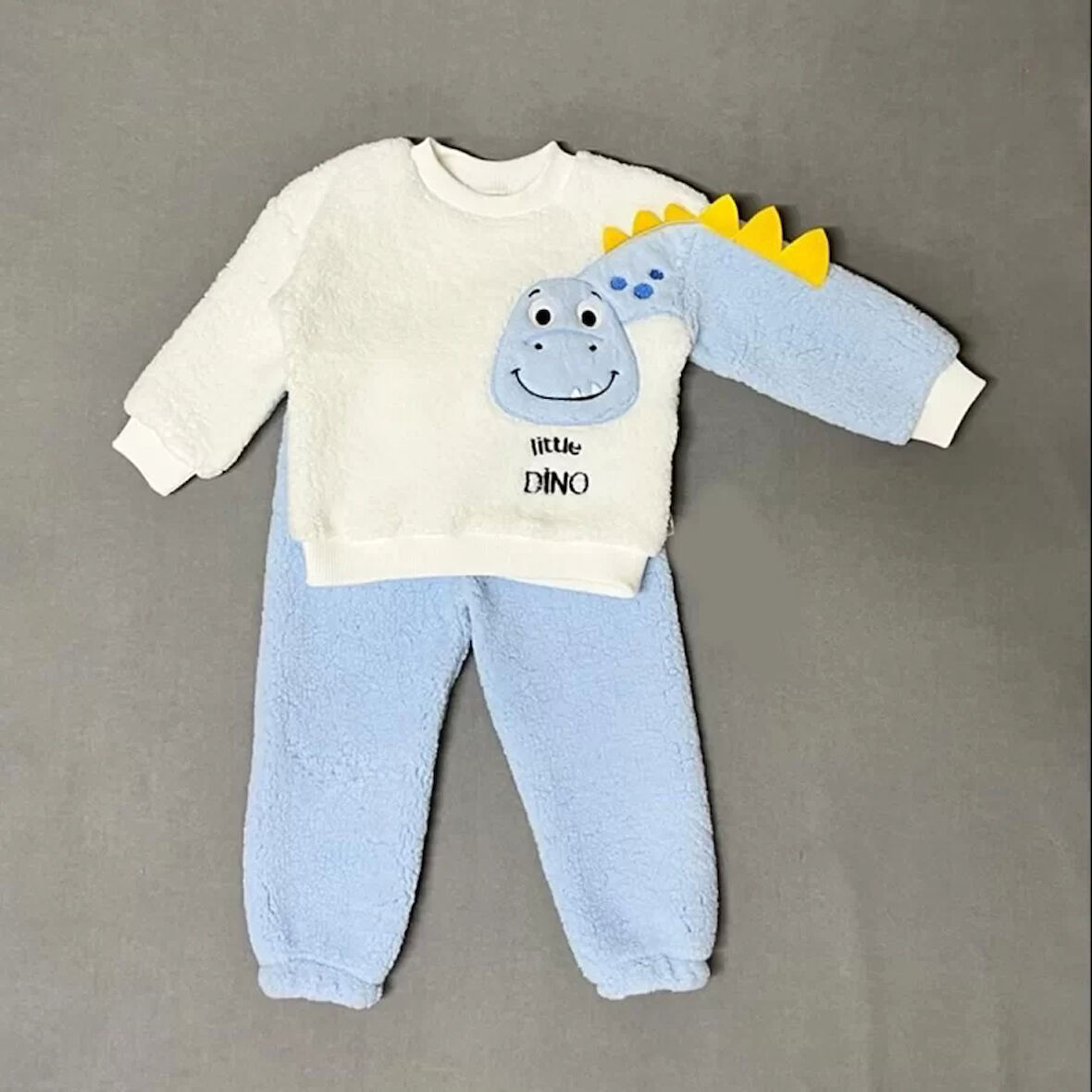 1-2-3 Yaş Minik Dino Kollu Kuzu Kumaş Sweat Pantolon Uzun Kollu Kız Erkek 2 Li Takımı Mavi
