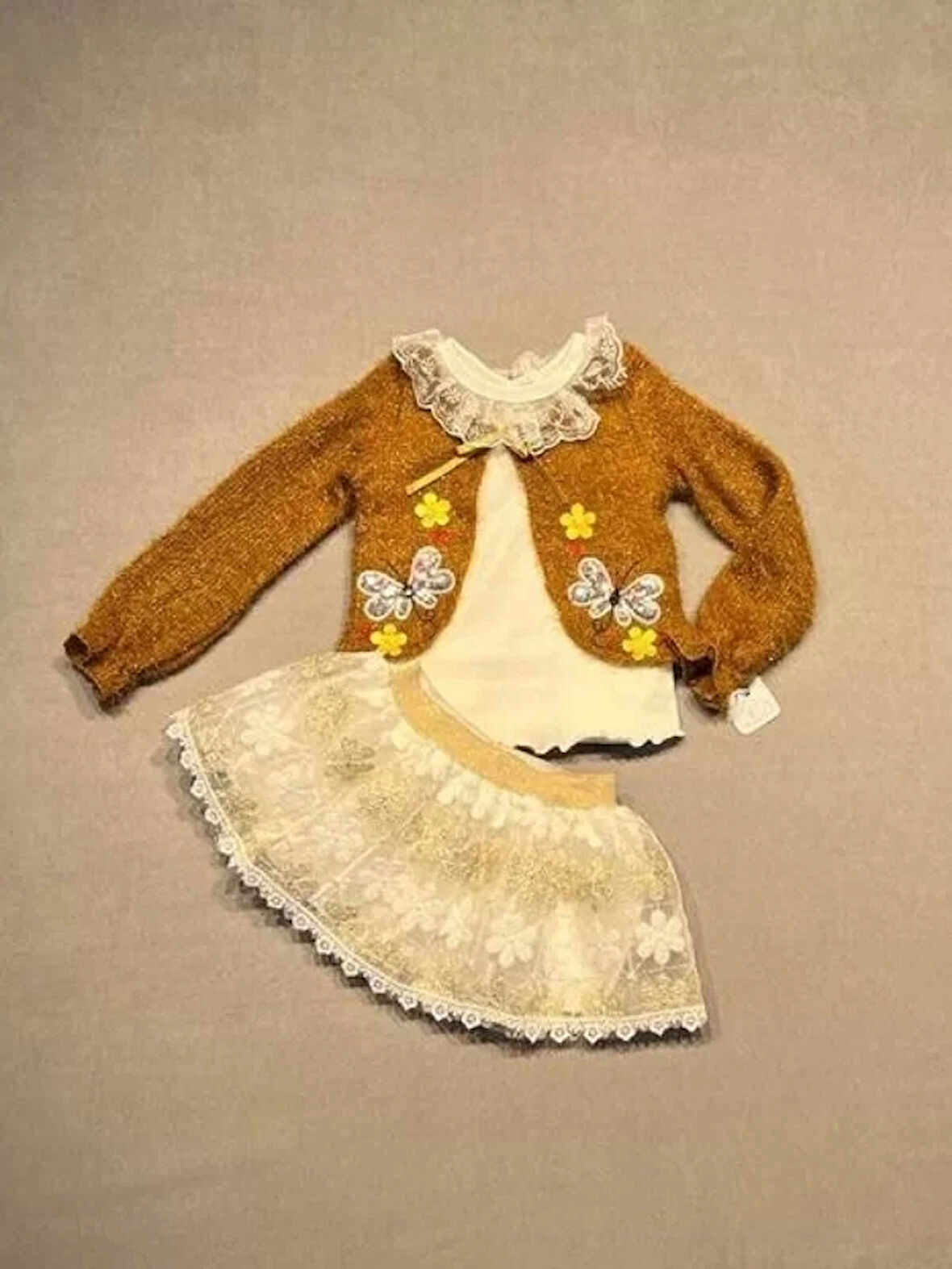 1-2-3 Yaş Brode Etekli Örme Hırkalı Uzun Kollu Sweat 3lü Kız Çocuk Takımı Hardal