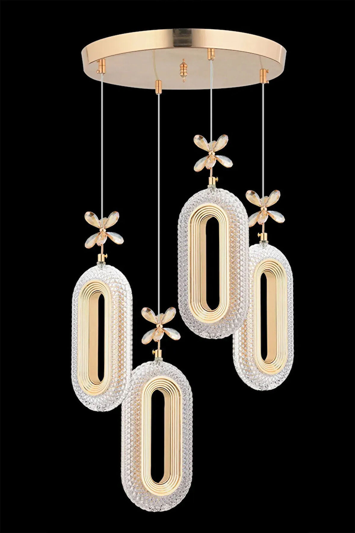 Modern Ledli 4'lü Gold 3 Renk Kristal Taşlı Avize