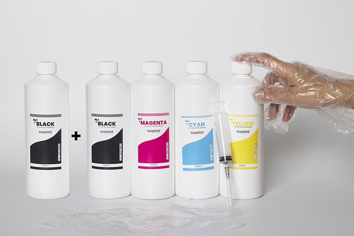 TECPRİNT Epson Uyumlu L300  500 ML Cmyk Muadil Mürekkep Seti+ 500 ML Siyah Mürekkep +Enjektör+Eldiven