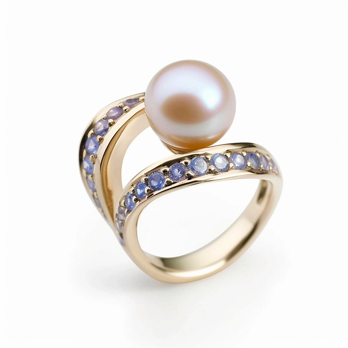 Kavisli İnci ve Safir Taşlı Altın Yüzük – Solaris Crest