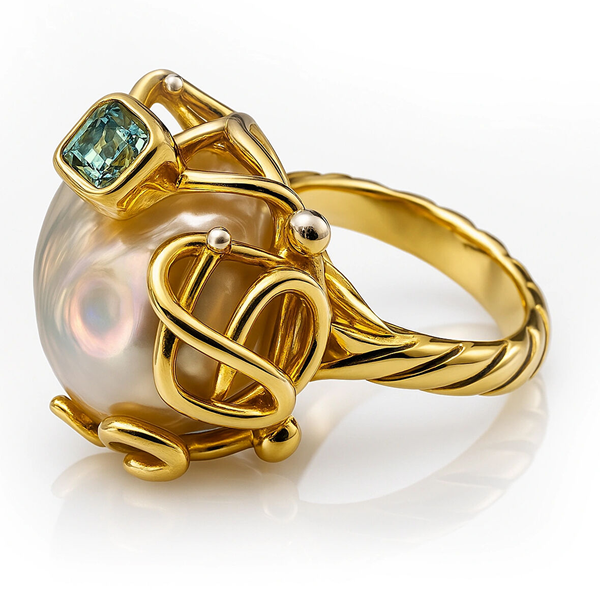 İnci ve Topaz Taşlı Gümüş Yüzük – Ocean Script