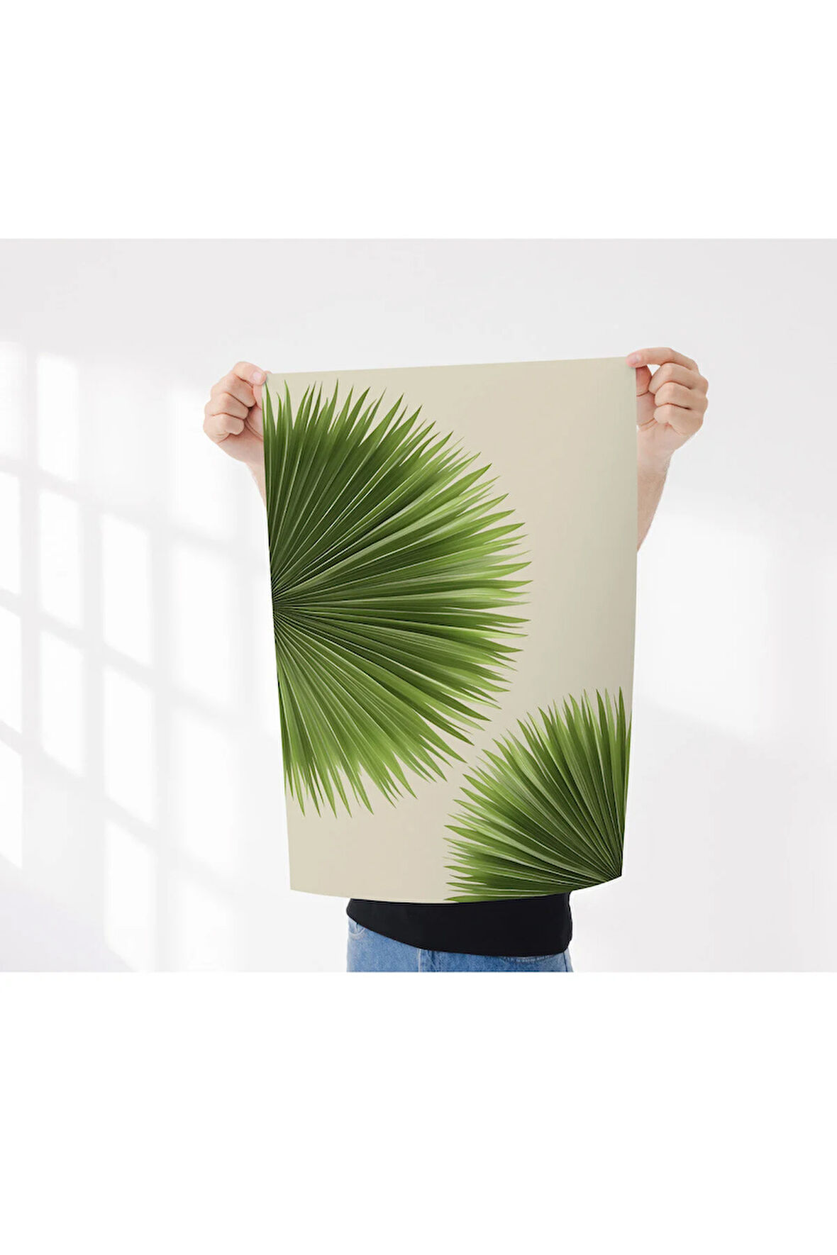 Çerçevesiz Poster Yeşil Palmiye Yaprağı Temalı Dijital Baskı Poster,Krem Rengi Ev, Ofis, Salon