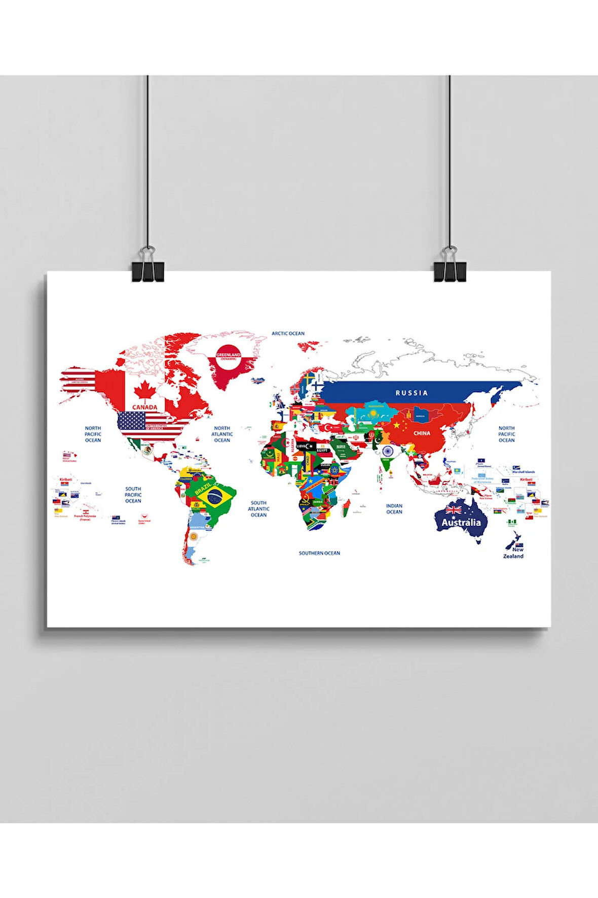 Çerçevesiz Poster |Büyük Boy Ülke Bayraklı Dünya Haritası Posteri | Eğitici ve Dekoratif Harita