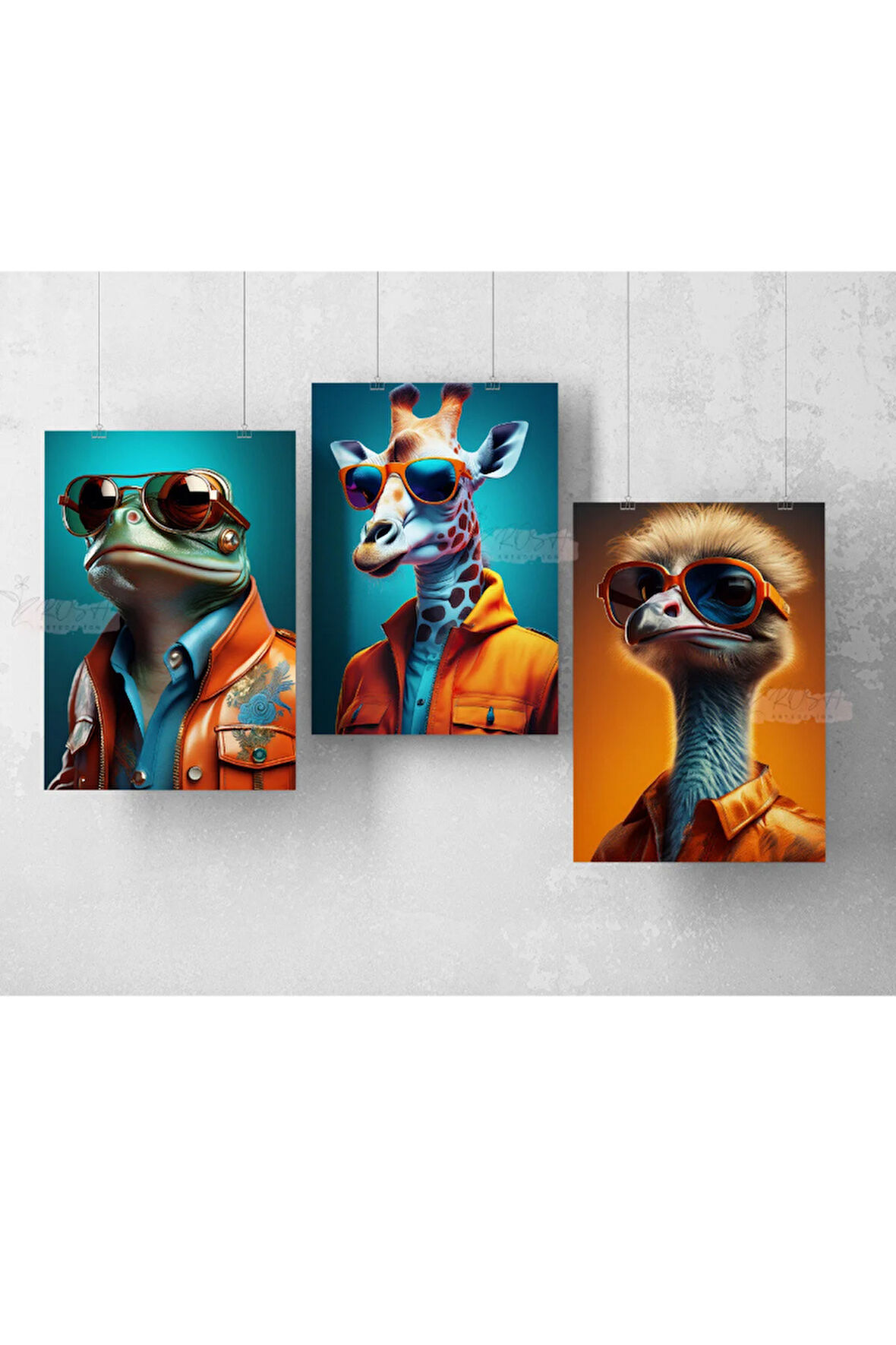 3'lü Çerçevesiz Poster Seti Kurbağa, Zürafa, Devekuşu