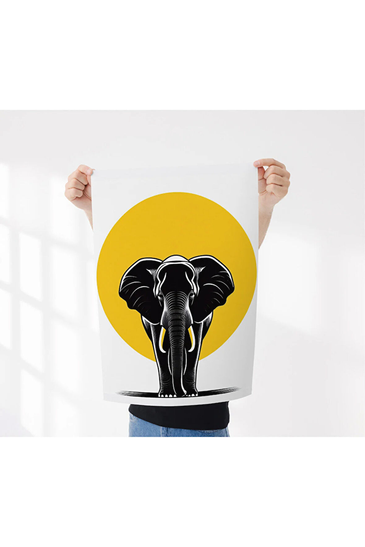 Çerçevesiz Poster, Dijital Baskı Kağıt Poster,Soyut,Fil Slüeti ve Sarı Daire, ,Fil Temalı,Minimal