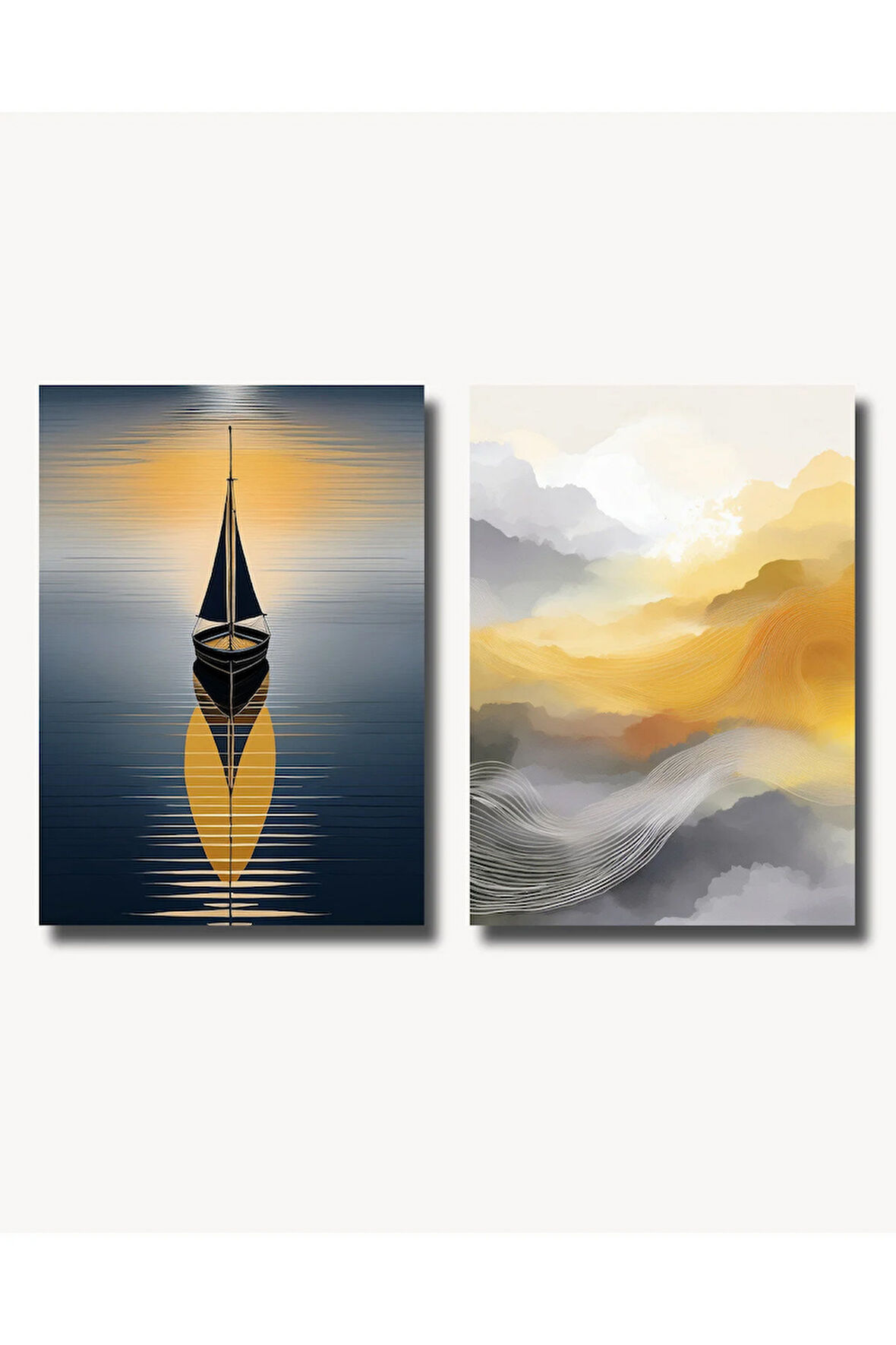 Çerçevesiz Poster 2'li Set, Soyut Gün Batımı ve Yelkenli Tekne Temalı Modern Dekorasyon