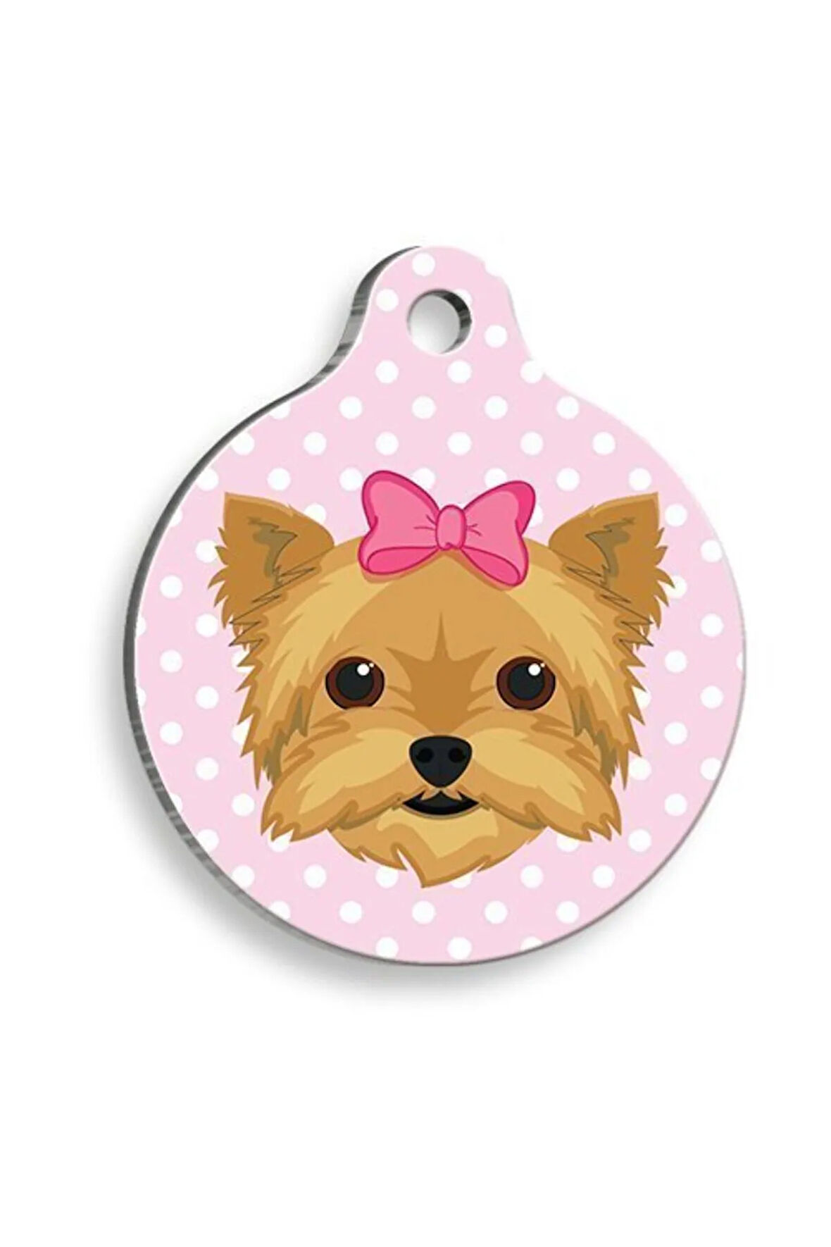 Yorkshire Terrier Pembe Puantiyeli Yuvarlak Köpek Künyesi Large: 3,8 cm.