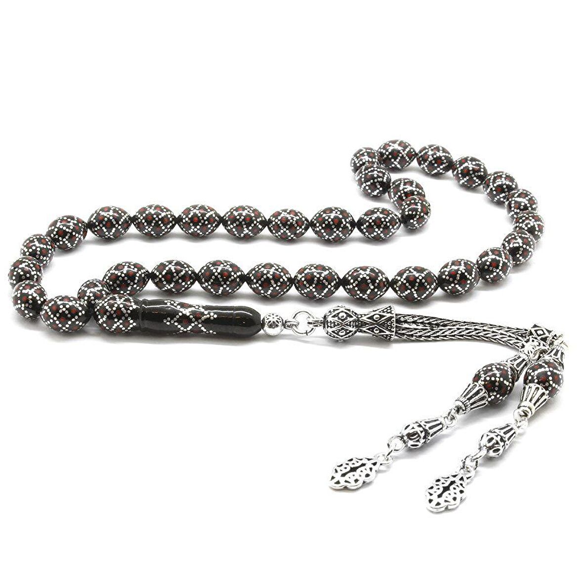 925 Ayar Gümüş Püsküllü Gümüş-Mercan İşlemeli Arpa Kesim Erzurum Oltu Taşı Tesbih (M-1)