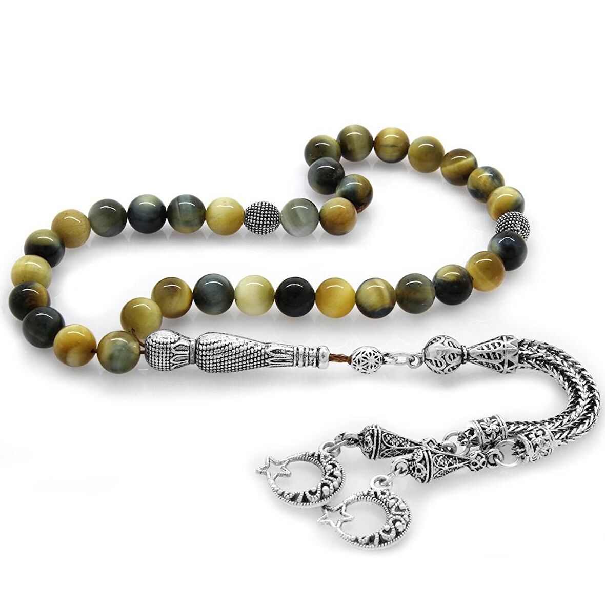 Kararmaz Metal Püsküllü Küre Kesim Karışık Renk Kaplangözü Doğaltaş Tesbih