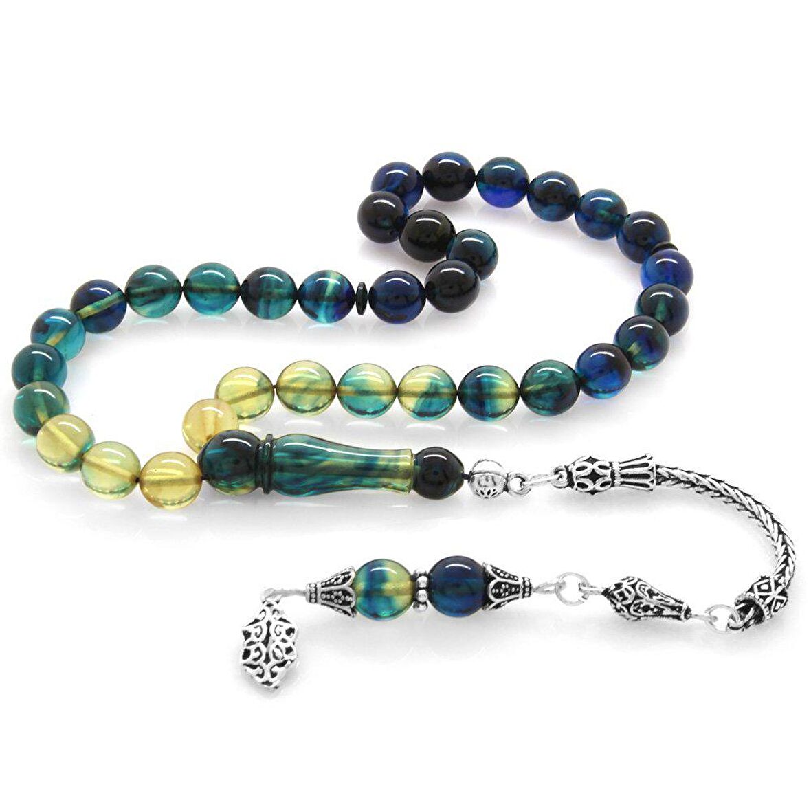 925 Ayar Gümüş Püsküllü Küre Kesim Süzme Mavi-Beyaz Ateş Kehribar Tesbih