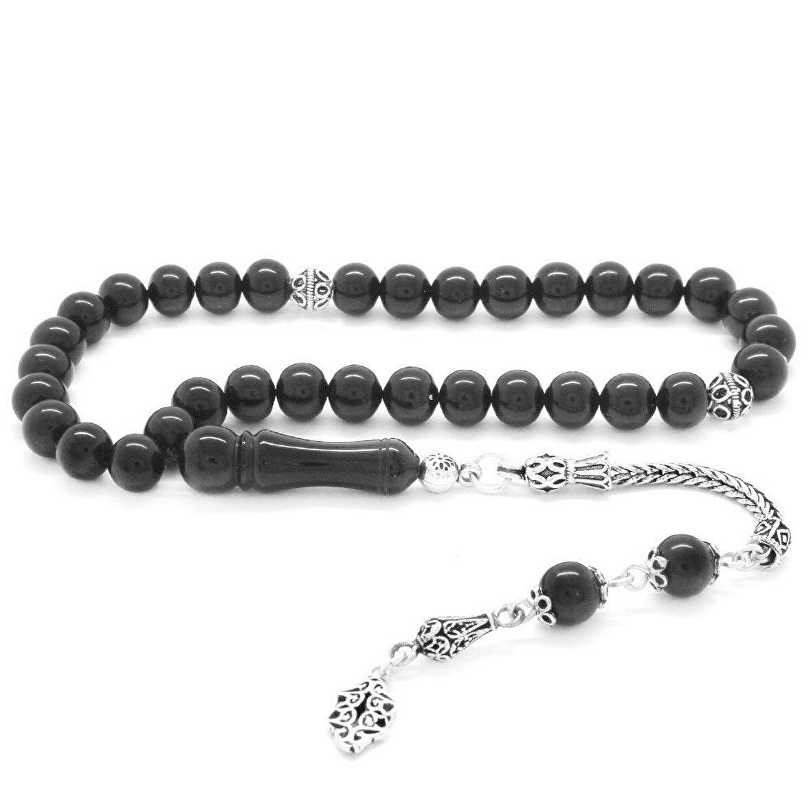 925 Ayar Gümüş Püsküllü Küre Kesim Sade Erzurum Oltu Taşı Tesbih