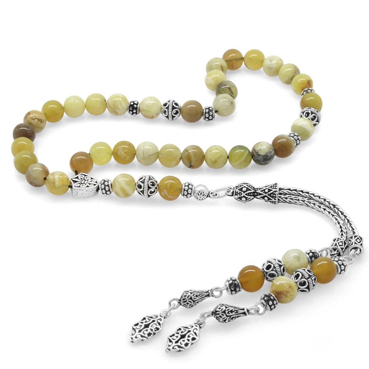 Kolleksiyonluk 925 Ayar Gümüş Püsküllü Opal Doğaltaş Tesbih