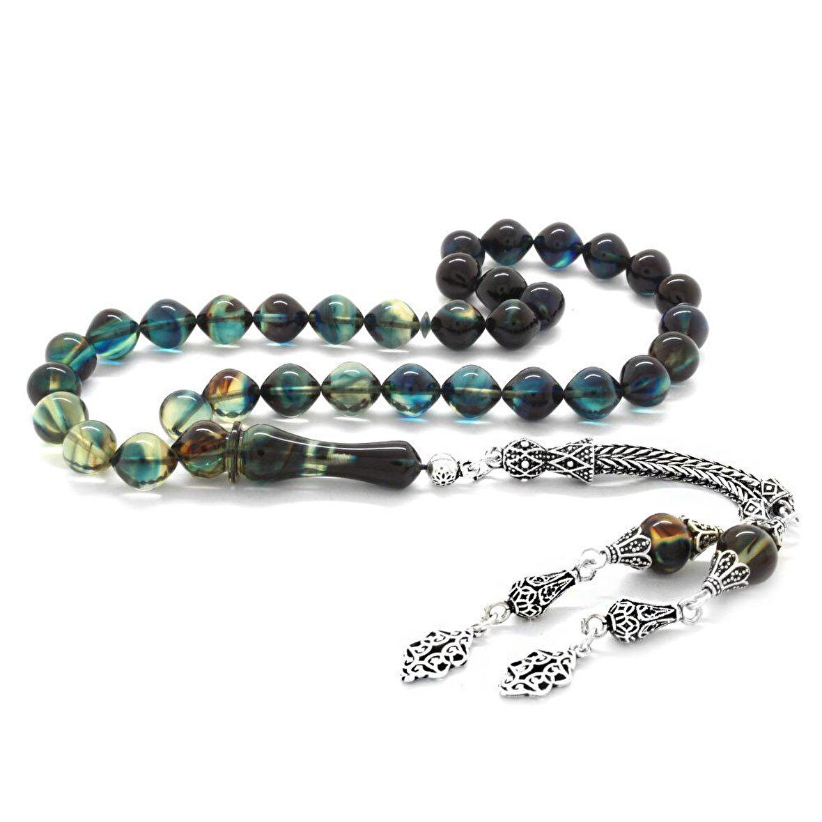 925 Ayar Gümüş Püsküllü İstanbul Kesim Süzme Mavi-Beyaz Ateş Kehribar Tesbih