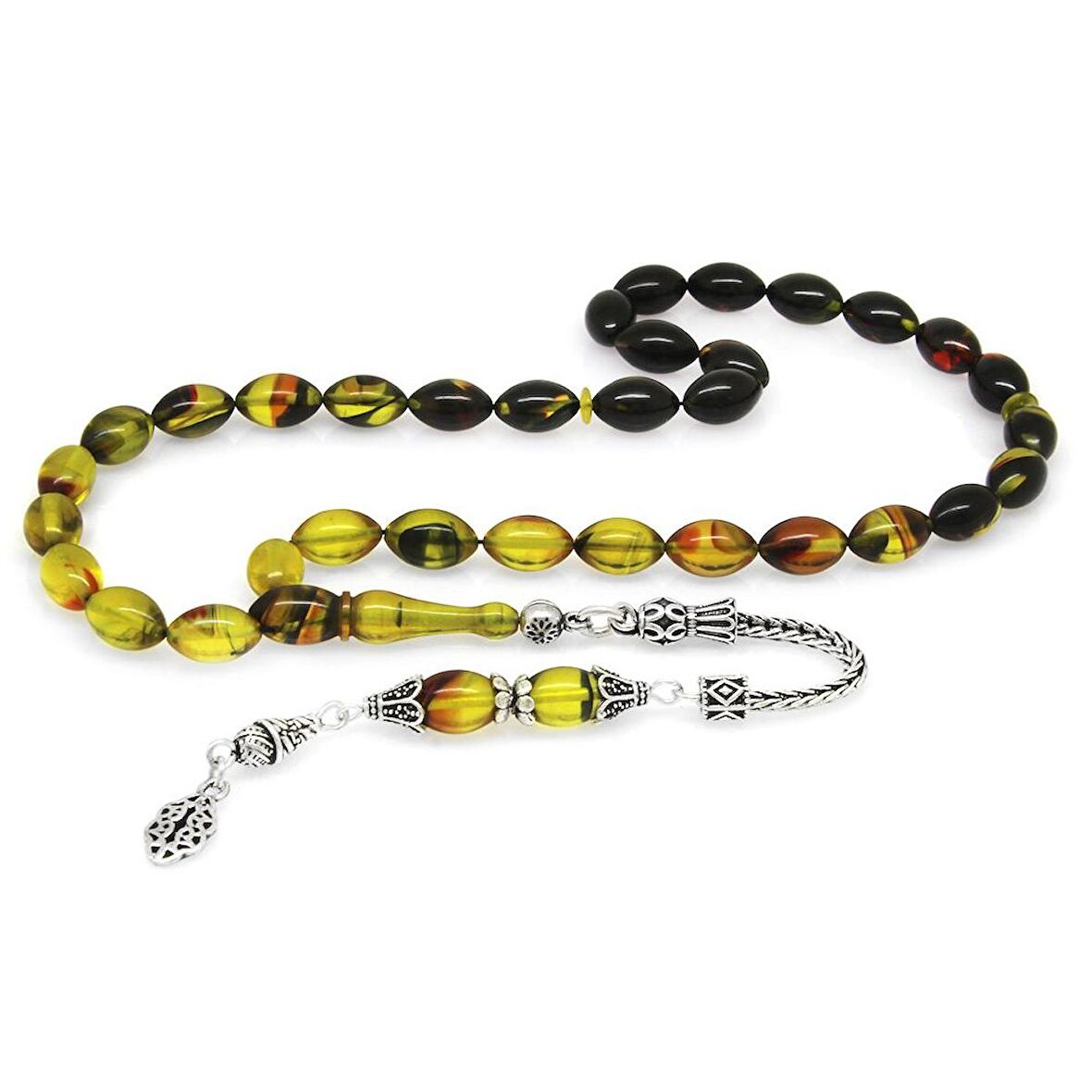 925 Ayar Gümüş Püsküllü Arpa Kesim Süzme Bala-Siyah Ateş Kehribar Tesbih