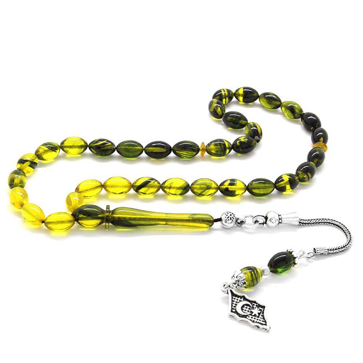 925 Ayar Gümüş Püsküllü Bilek Boy Süzme Sarı-Siyah Ateş Kehribar Tesbih