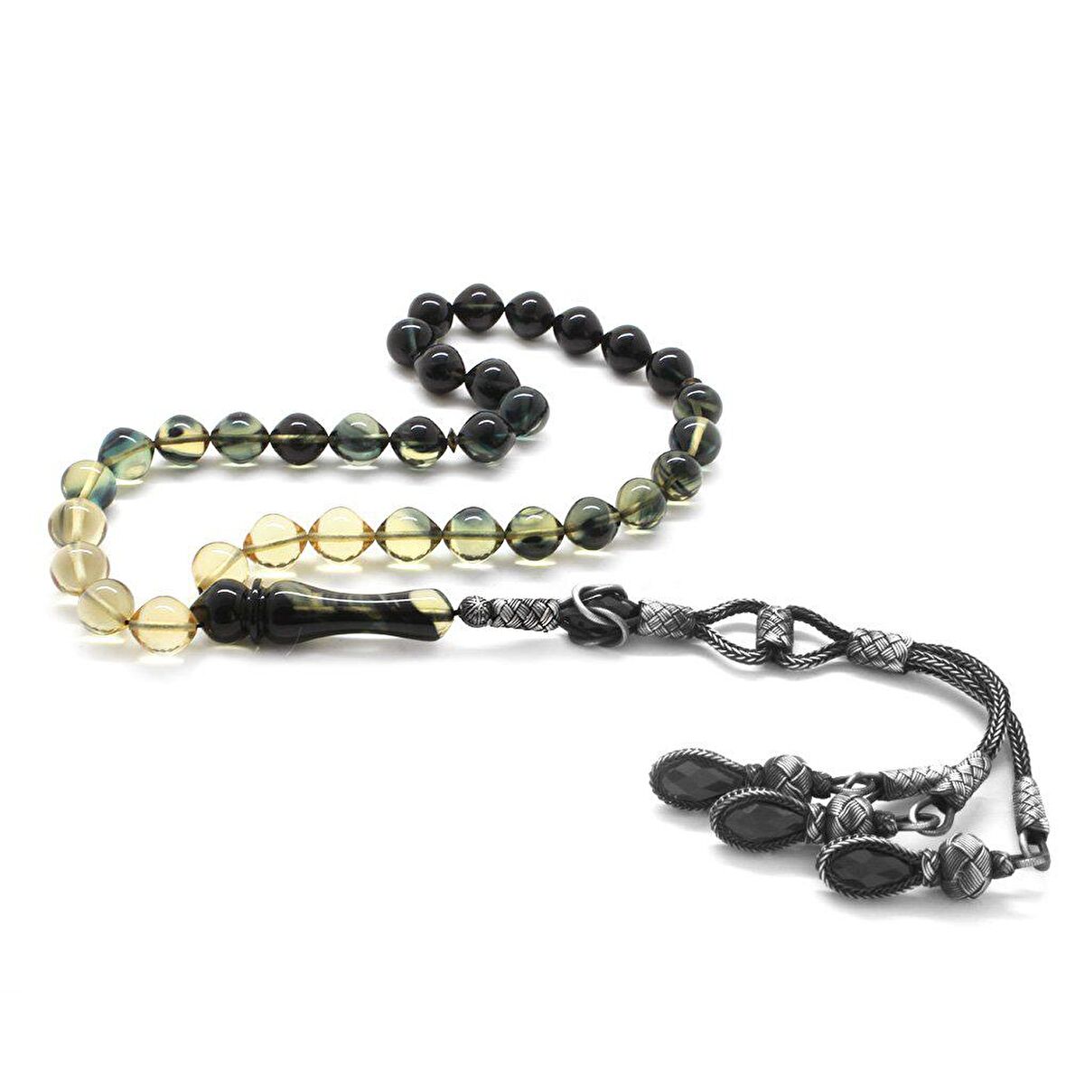 1000 Ayar Gümüş Kazaz Püsküllü İstanbul Kesim Süzme Siyah-Beyaz Ateş Kehribar Tesbih