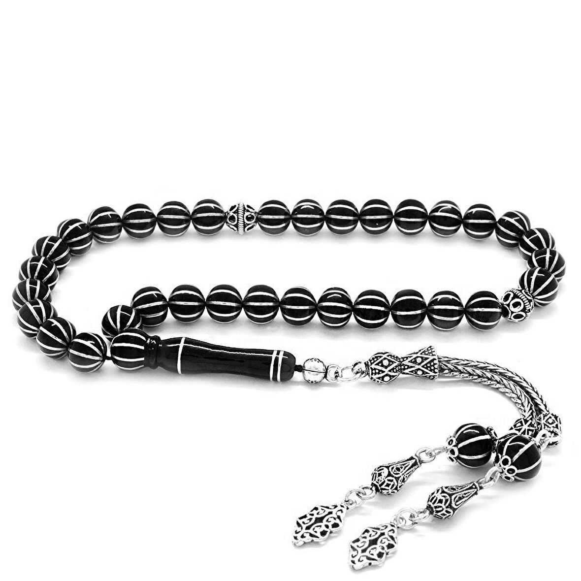 925 Ayar Gümüş Püsküllü Gümüş 10′lu Karpuz Yarma Küre Kesim Erzurum Oltu Taşı Tesbih