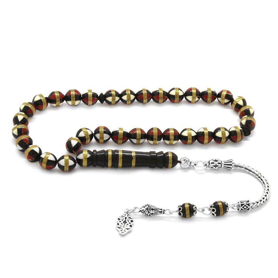 925 Ayar Gümüş Püsküllü Kırmızı-Beyaz Mine Dolgulu Pirinç Sarmal Küre Kesim Kuka Tesbih