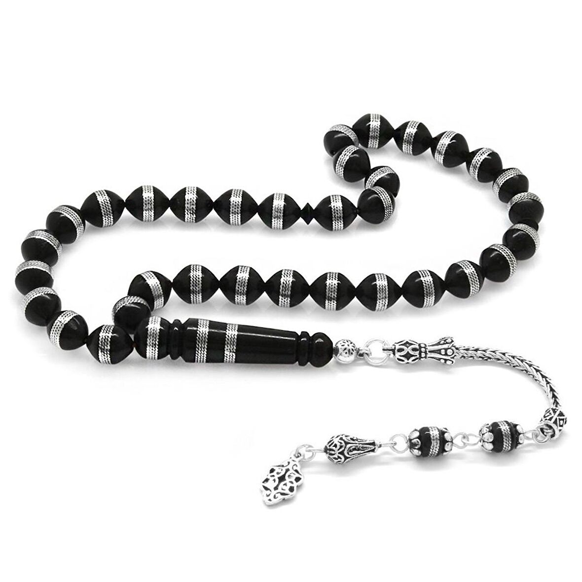 925 Ayar Gümüş Püsküllü Çift Sıra Sarmal Metal İşlemeli İstanbul Kesim Kuka Tesbih