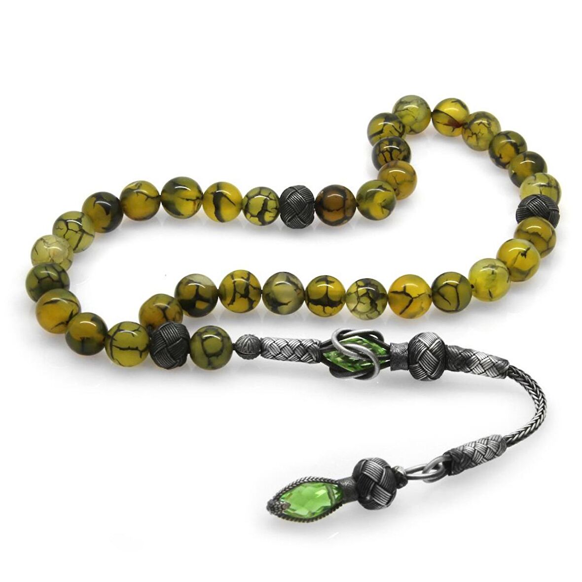 1000 Ayar Gümüş Kazaz Püsküllü Küre Kesim Damarlı Akik Doğaltaş Tesbih