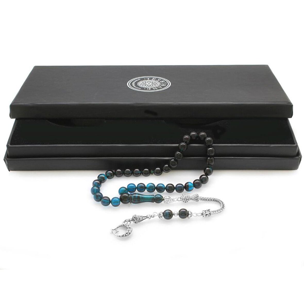 Kararmaz Metal Ayyıldız Püsküllü Küre Kesim Süzme Turkuaz-Siyah Ateş Kehribar Tesbih