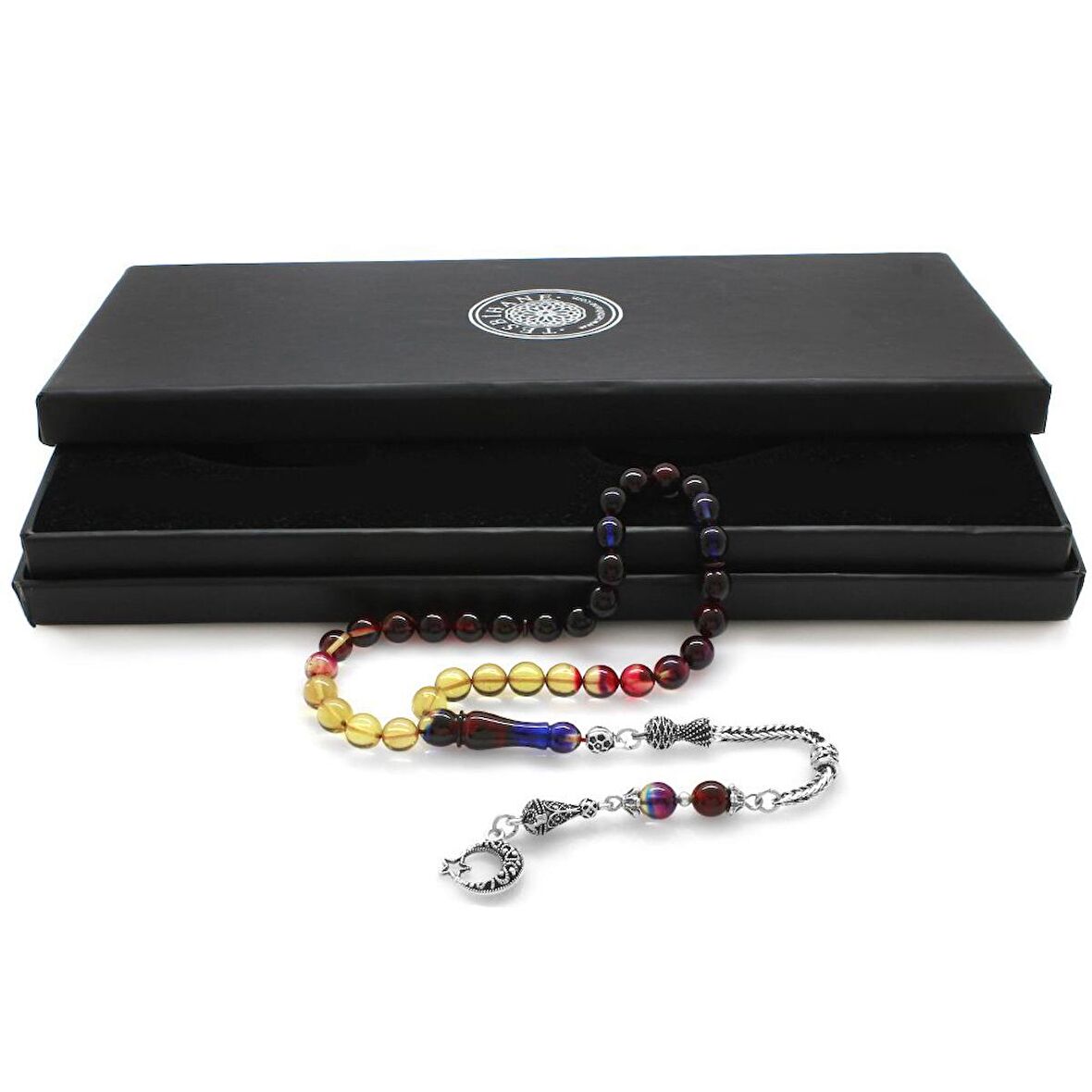 Kararmaz Metal Ayyıldız Püsküllü Küre Kesim Süzme Bonibon Ateş Kehribar Tesbih