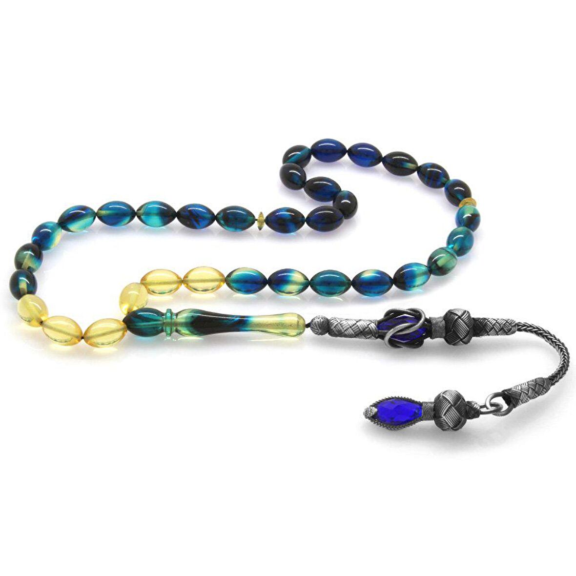 1000 Ayar Gümüş Kazaz Püsküllü Arpa Kesim Süzme Mavi-Beyaz Ateş Kehribar Tesbih