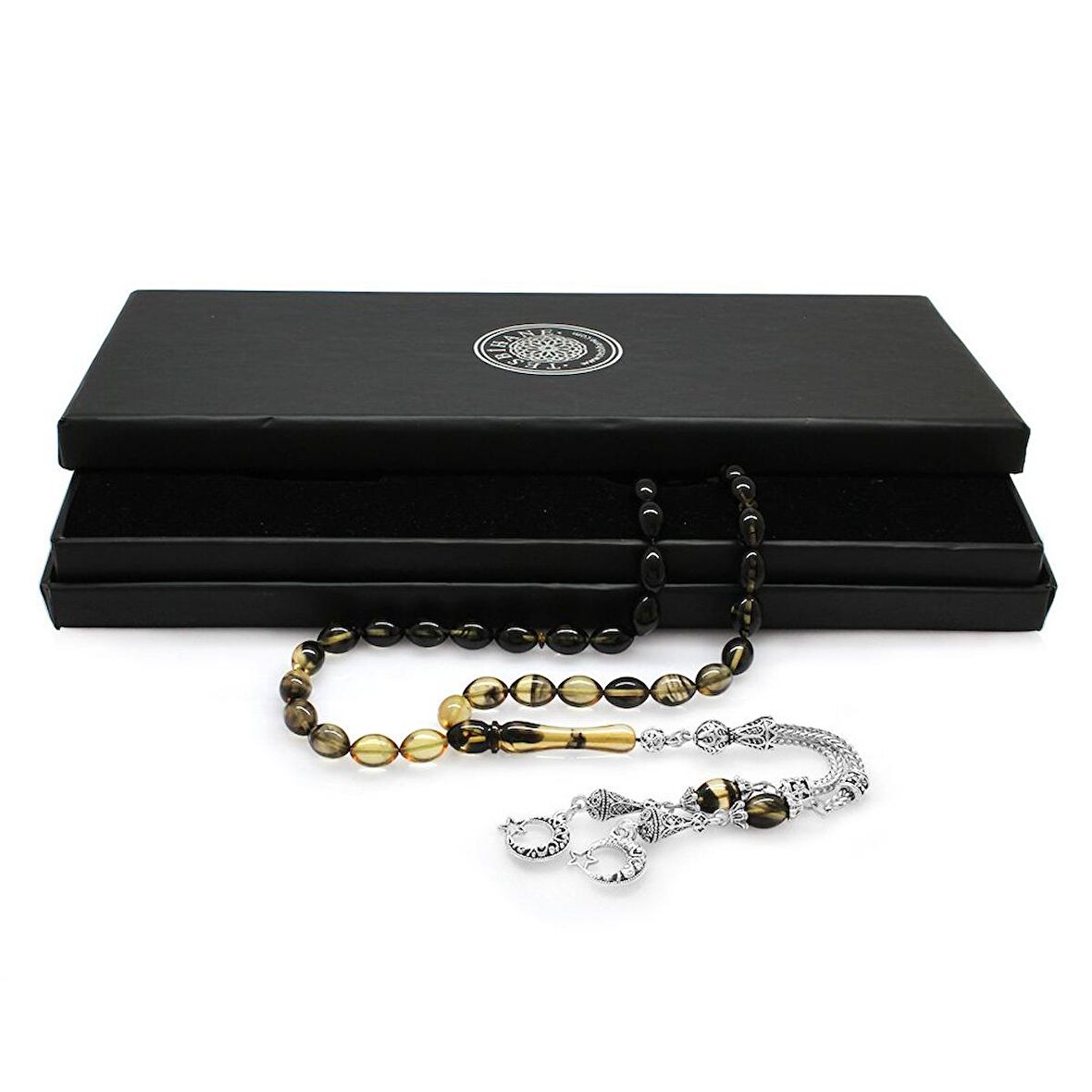 Kararmaz Metal Ayyıldız Püsküllü Arpa Kesim Süzme Siyah-Beyaz Ateş Kehribar Tesbih