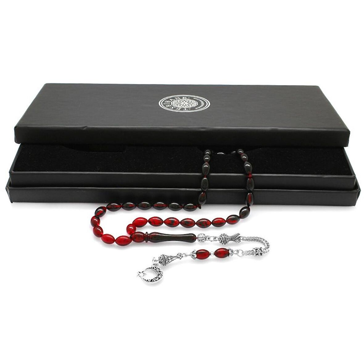 Ayyıldız Kararmaz Metal Püsküllü Arpa Kesim Süzme Kırmızı-Siyah Ateş Kehribar Tesbih