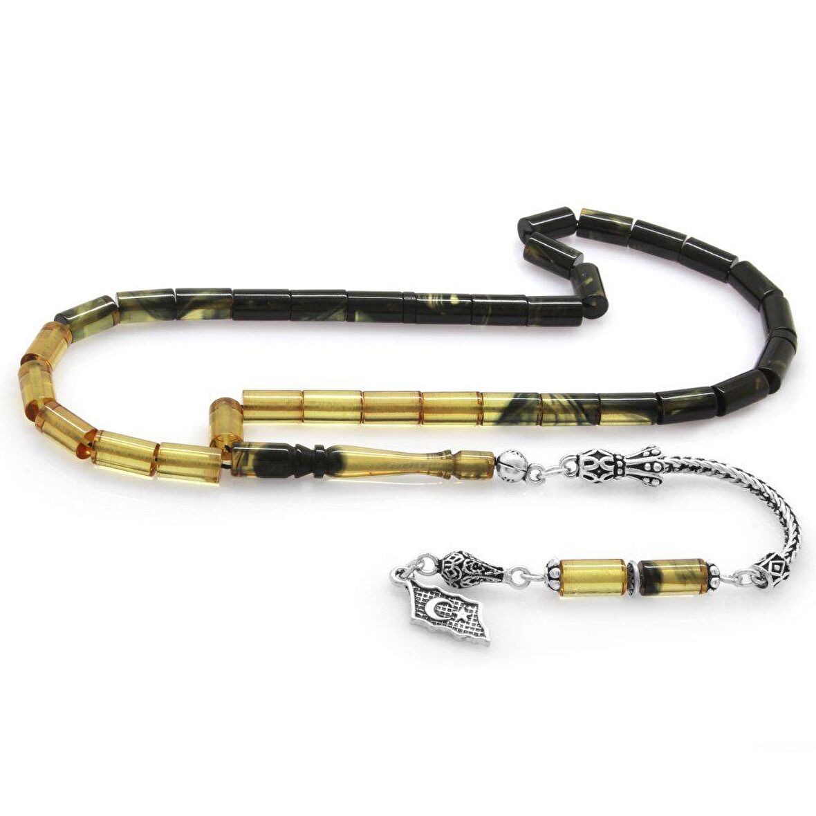 925 Ayar Gümüş Püsküllü Kesme Kesim Süzme Siyah-Beyaz Ateş Kehribar Tesbih