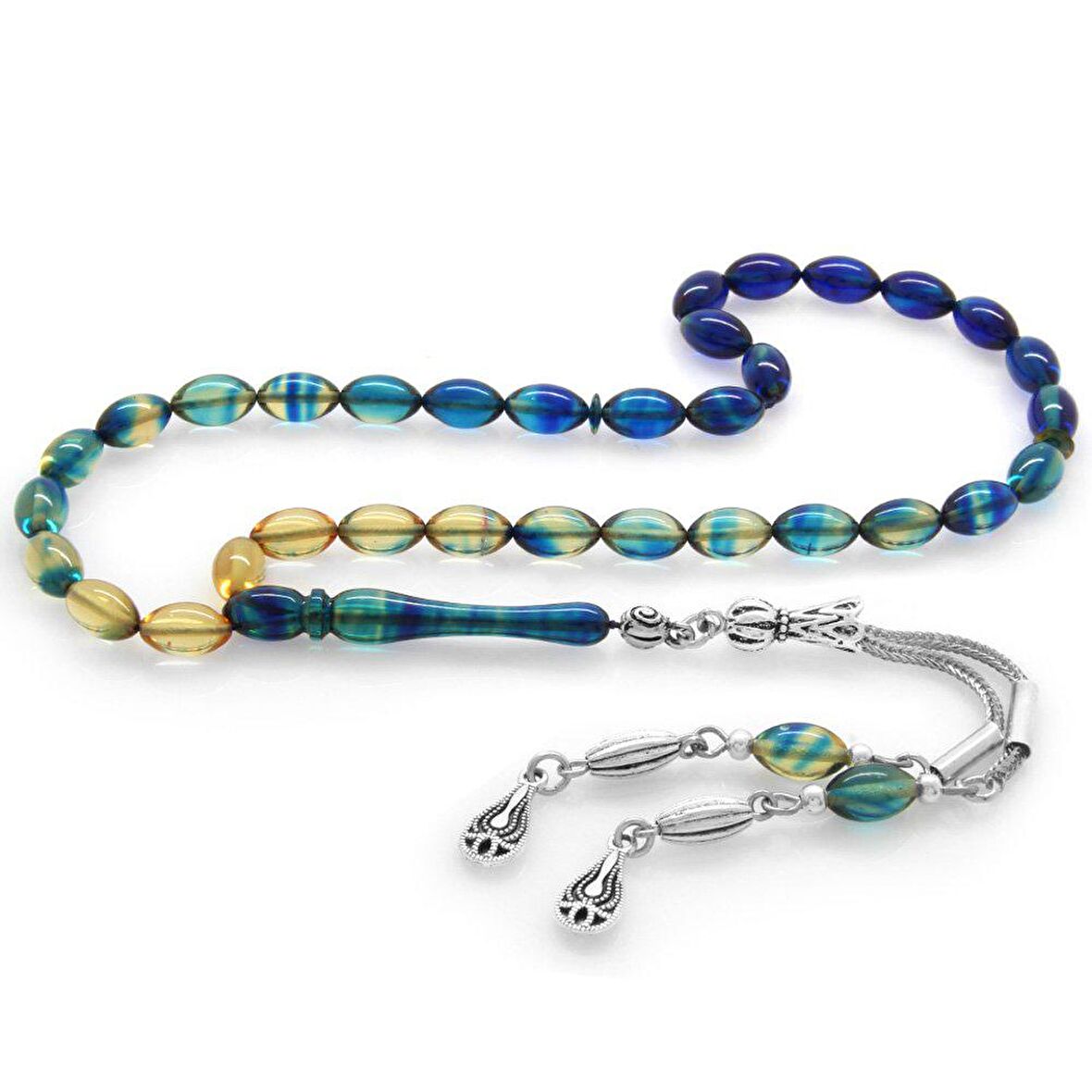 Kararmaz Metal Su Damlası Püsküllü Arpa Kesim Bilek Boy Süzme Mavi-Beyaz Ateş Kehribar Tesbih