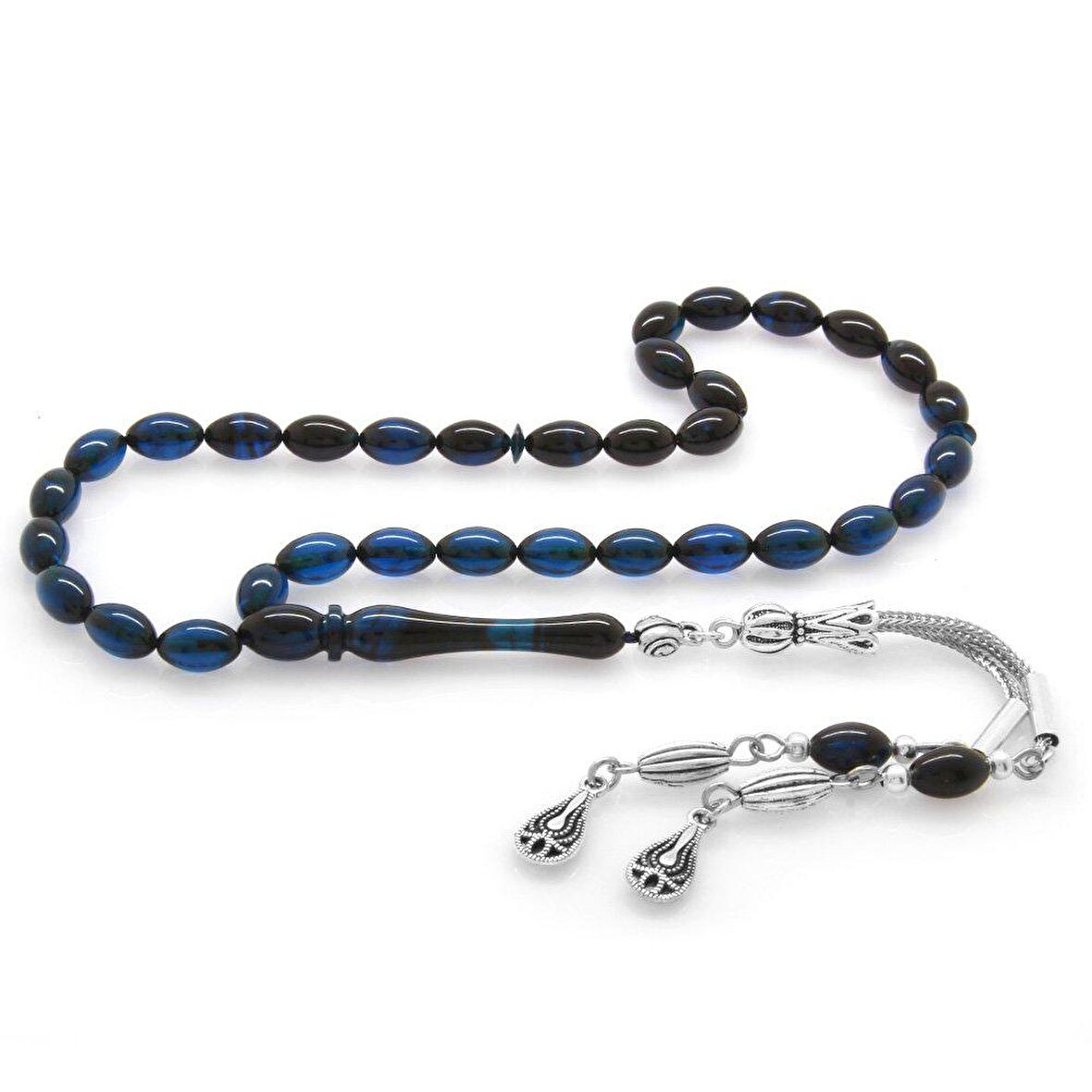 Kararmaz Metal Su Damlası Püsküllü Arpa Kesim Bilek Boy Süzme Mavi-Siyah Sıkma Kehribar Tesbih