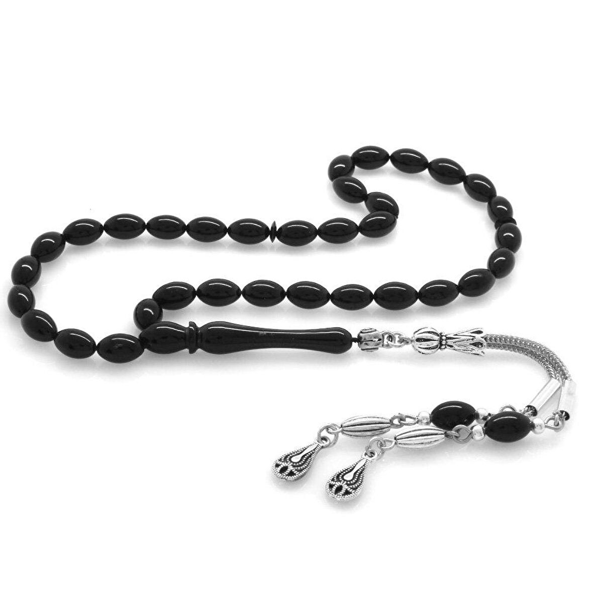 Kararmaz Metal Su Damlası Püsküllü Arpa Kesim Bilek Boy Siyah Sıkma Kehribar Tesbih