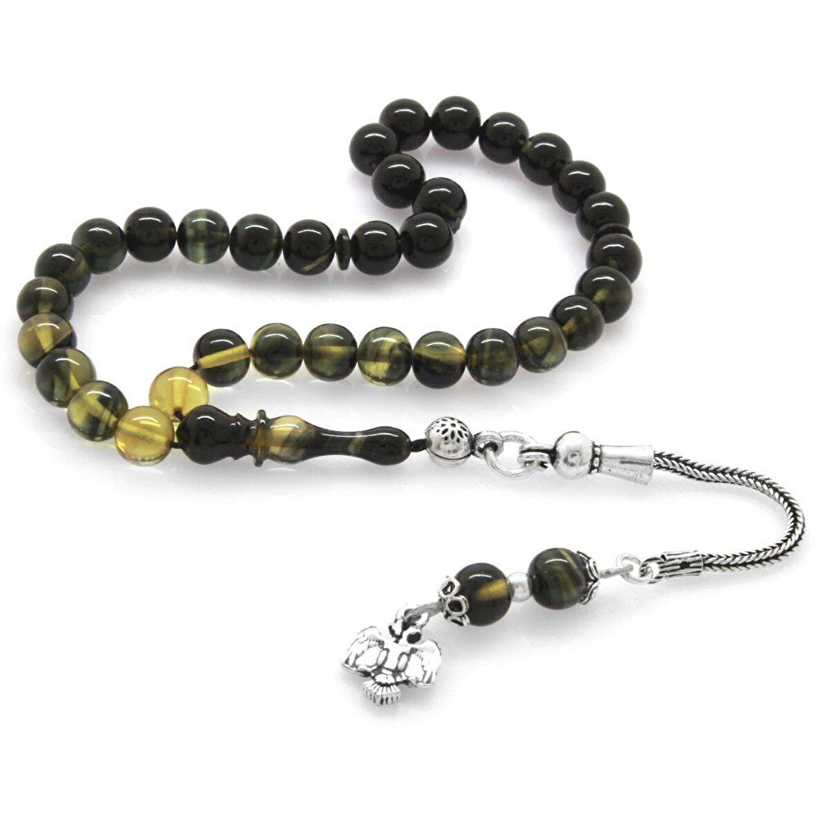 925 Ayar Gümüş Püsküllü Küre Kesim Bilek Boy Süzme Beyaz-Siyah Ateş Kehribar Tesbih