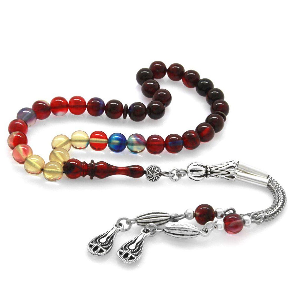 Kararmaz Metal Püsküllü Küre Kesim Bilek Boy Süzme Bonibon Ateş Kehribar Tesbih