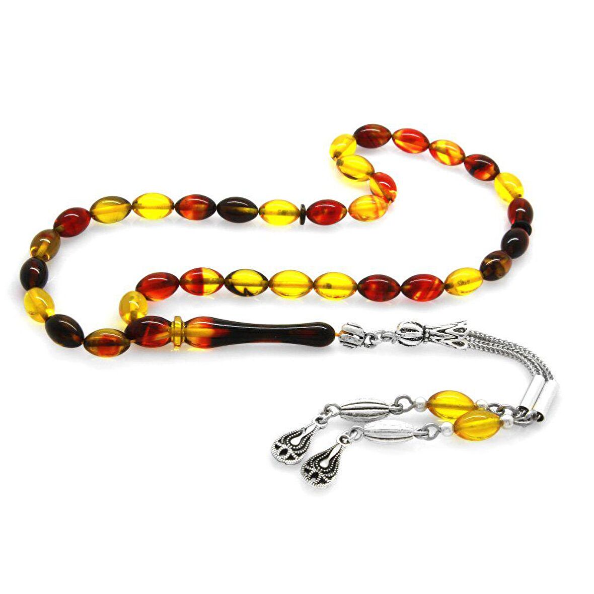 Kararmaz Metal Su Damlası Püsküllü Arpa Kesim Bilek Boy Bala-Kırmızı Ateş Kehribar Tesbih