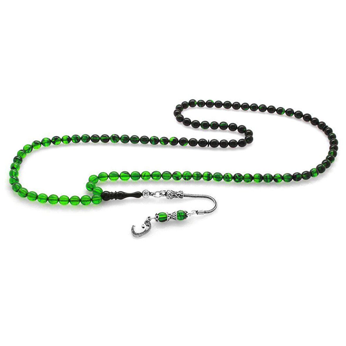 925 Ayar Gümüş Püsküllü Küre Kesim Süzme Yeşil-Siyah Ateş Kehribar 99luk Tesbih