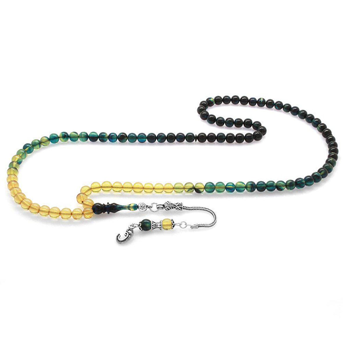 925 Ayar Gümüş Püsküllü Küre Kesim Süzme Mavi-Beyaz Ateş Kehribar 99luk Tesbih