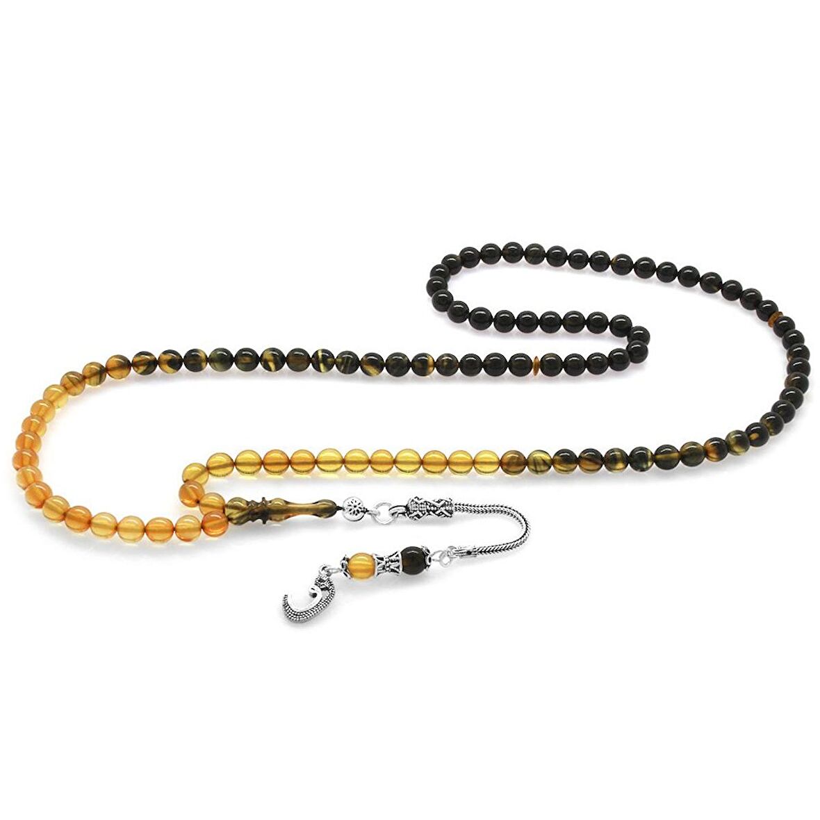 925 Ayar Gümüş Püsküllü Küre Kesim Süzme Beyaz-Siyah Ateş Kehribar 99luk Tesbih