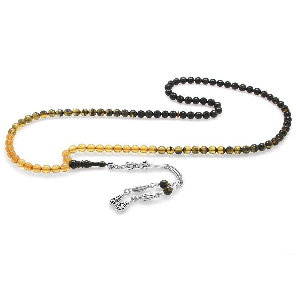 Kararmaz Metal Su Damlası Püsküllü Küre Kesim Süzme Beyaz-Siyah Ateş Kehribar 99luk Tesbih