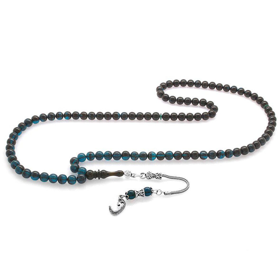 925 Ayar Gümüş Püsküllü Küre Kesim Süzme Turkuaz-Siyah Ateş Kehribar 99luk Tesbih