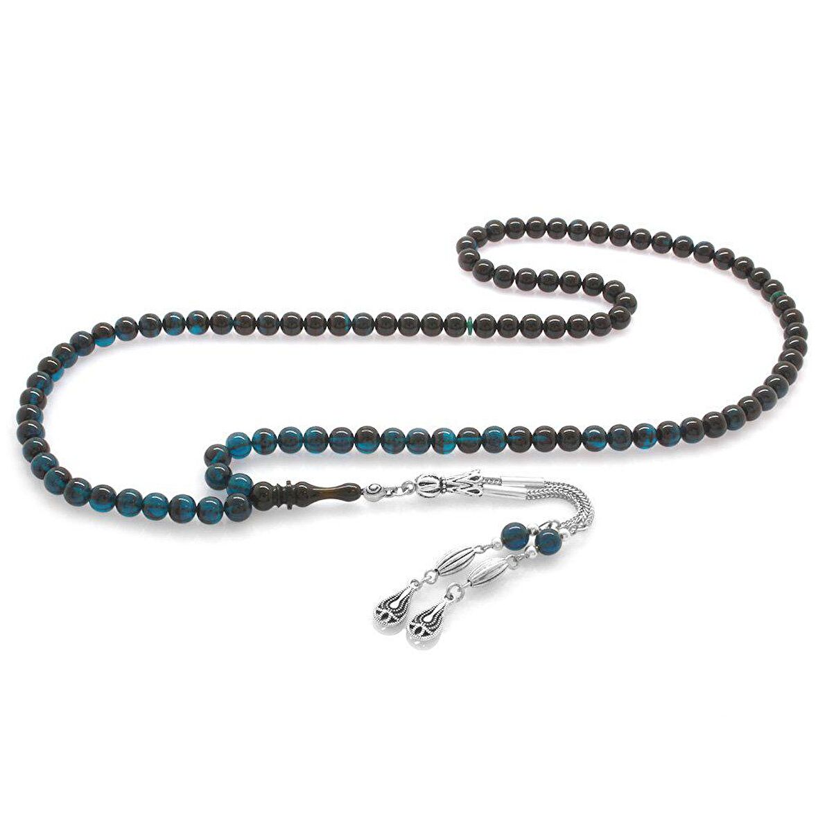 Kararmaz Metal Su Damlası Püsküllü Küre Kesim Süzme Turkuaz-Siyah Ateş Kehribar 99luk Tesbih