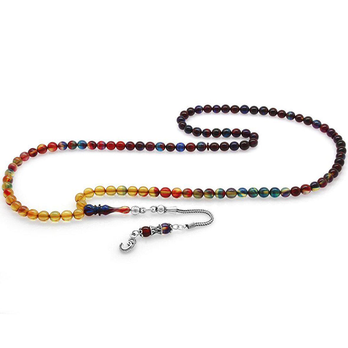 925 Ayar Gümüş Püsküllü Küre Kesim Bonibon Ateş Kehribar 99luk Tesbih