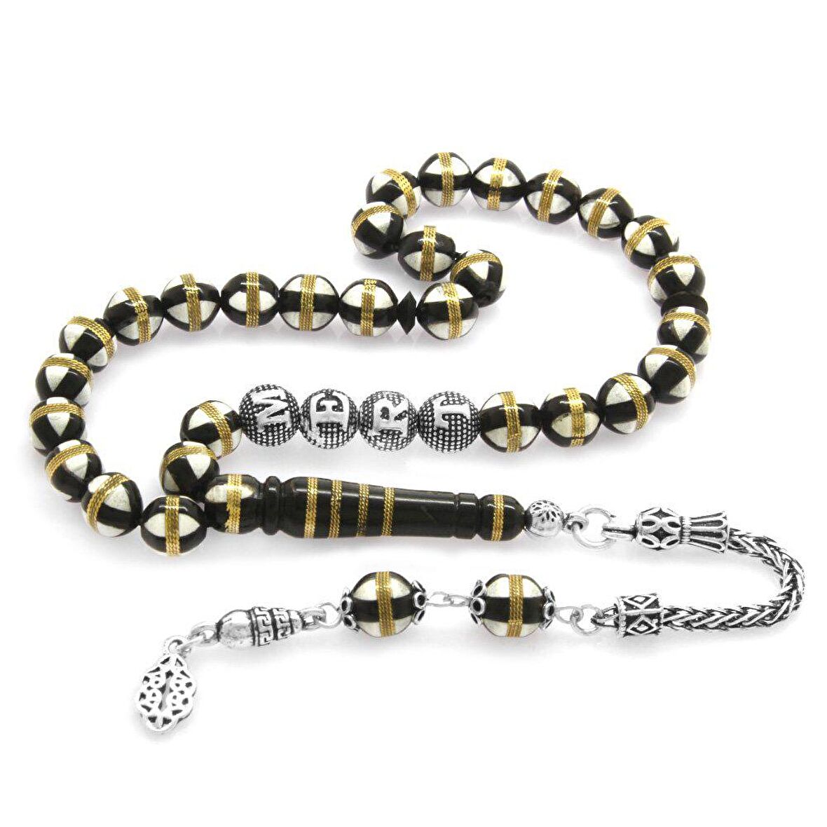 925 Ayar Gümüş Püsküllü Pirinç Sarmal Küre Kesim Gümüş İsim Yazılı Beyaz Mine Dolgulu Kuka Tesbih