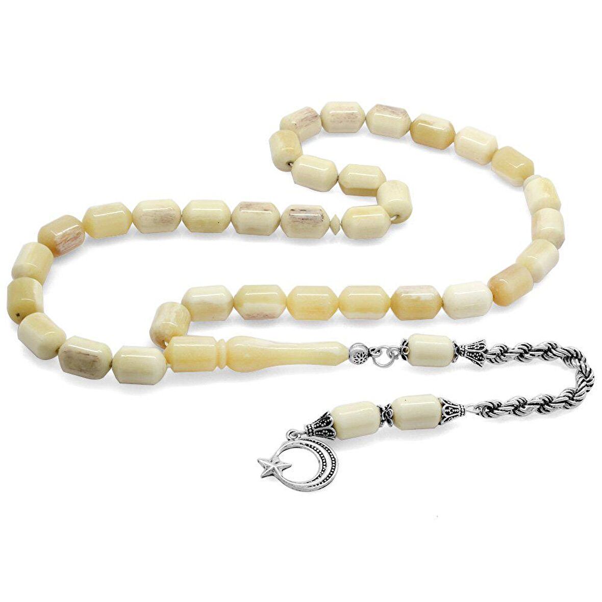 925 Ayar Gümüş Halat Püsküllü Kapsül Kesim Naturel Renk Deve Kemiği Tesbih