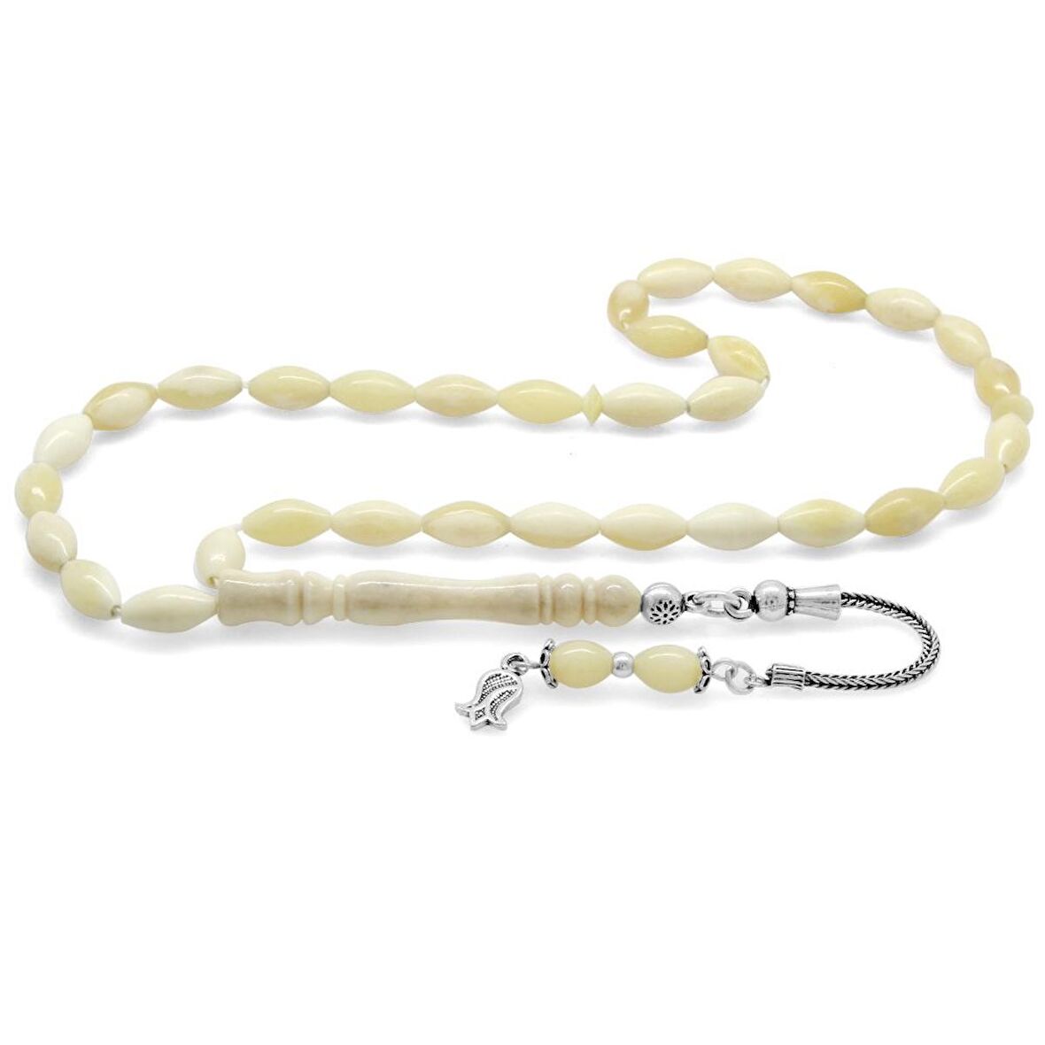 925 Ayar Gümüş Püsküllü Arpa Kesim Natural Renk Deve Kemiği Tesbih