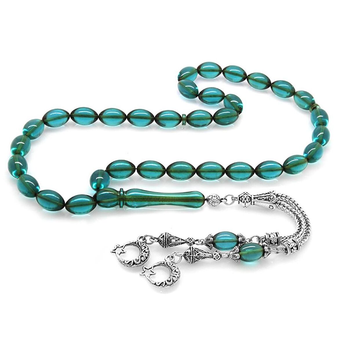 Kararmaz Metal Ayyıldız Püsküllü Arpa Kesim Su Mavisi Ateş Kehribar Tesbih